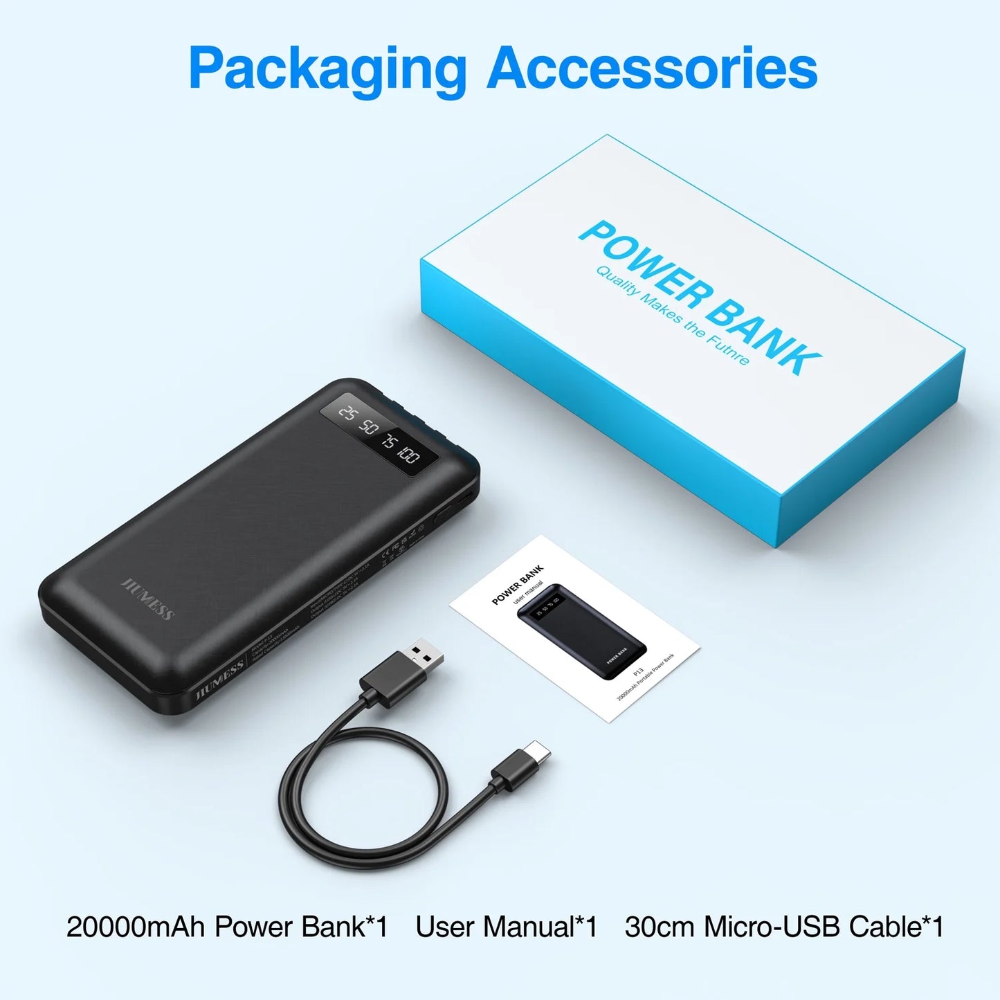 20000mAh Portable Power Bank with Cables for iPhone and Android Devices