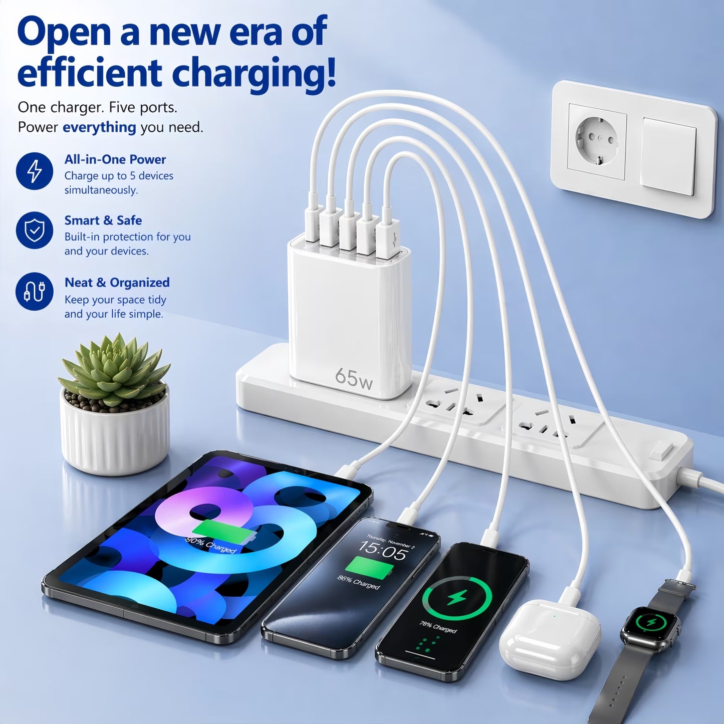 USB-C Fast Charging Wall Charger Set with Cables - 4-Pack (2 Chargers + 2 USB-C Cables), Compatible with Phones and Tablets, White