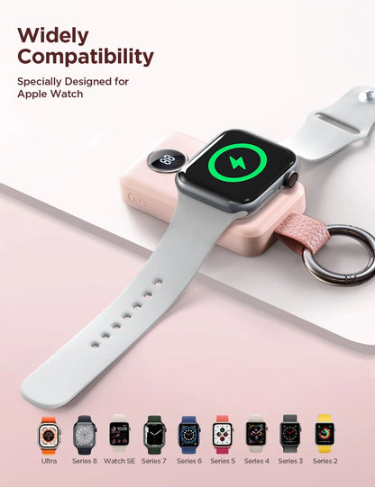 Portable 2000mAh Magnetic Wireless Power Bank for Apple Watch - Fast Charger Keychain, Compatible with iWatch Series 11/10/9/8/7/6/5/SE/4/3/2/Ultra, Pink