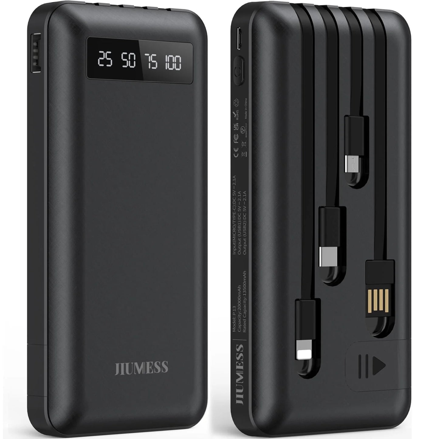 20000mAh Portable Power Bank with Cables for iPhone and Android Devices