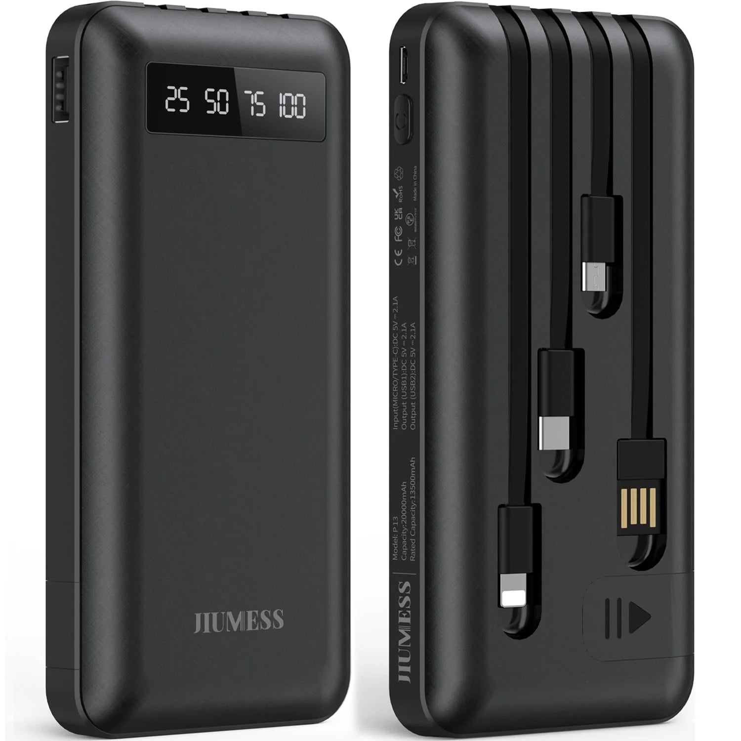 20000mAh Portable Power Bank with Cables for iPhone and Android Devices