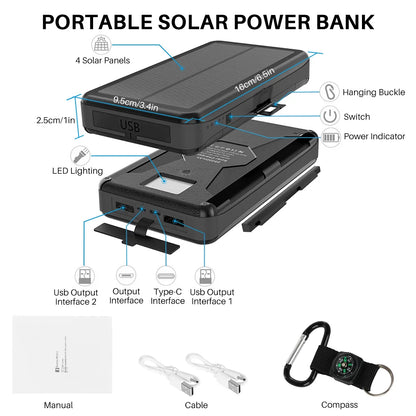 High-Capacity 30,000mAh Portable Solar Charger for iPhone and Android with Four Solar Panels and Integrated Compass