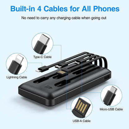 20000mAh Portable Power Bank with Cables for iPhone and Android Devices