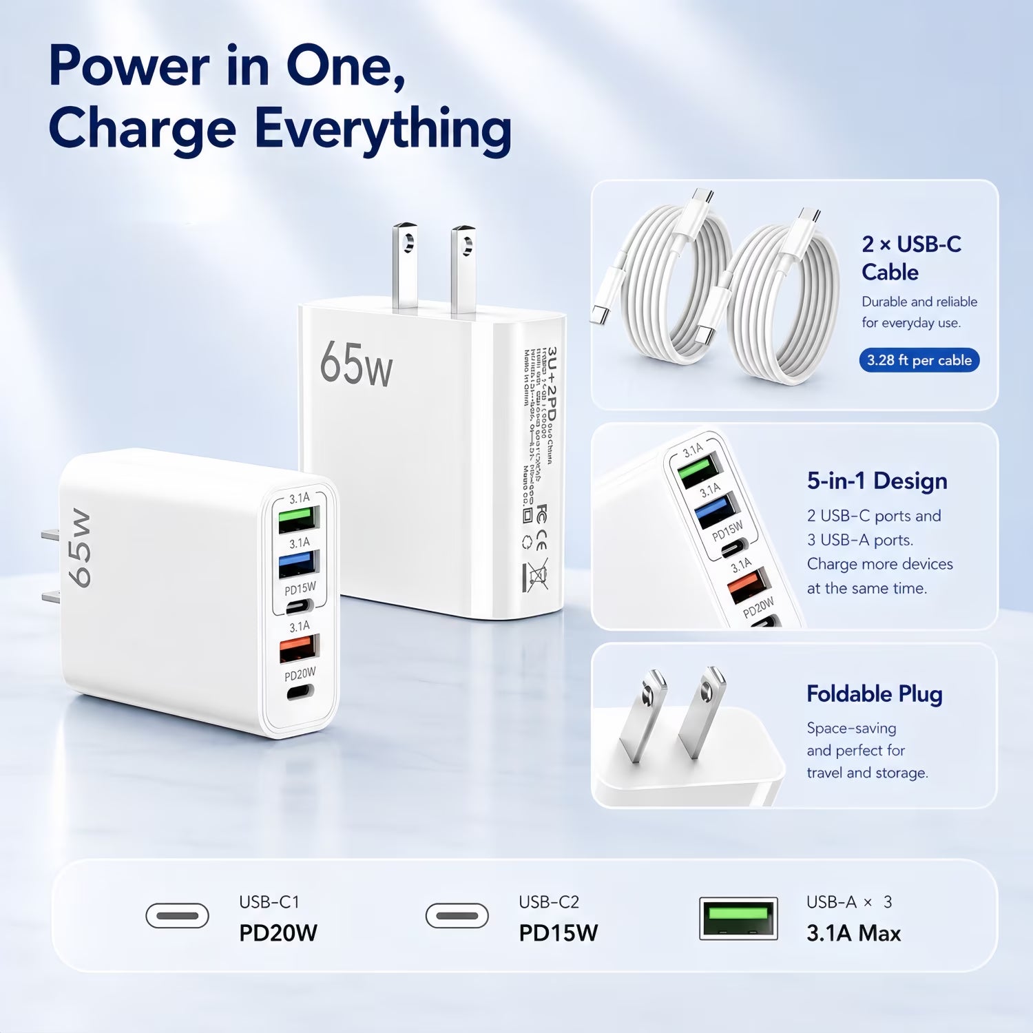 USB-C Fast Charging Wall Charger Set with Cables - 4-Pack (2 Chargers + 2 USB-C Cables), Compatible with Phones and Tablets, White