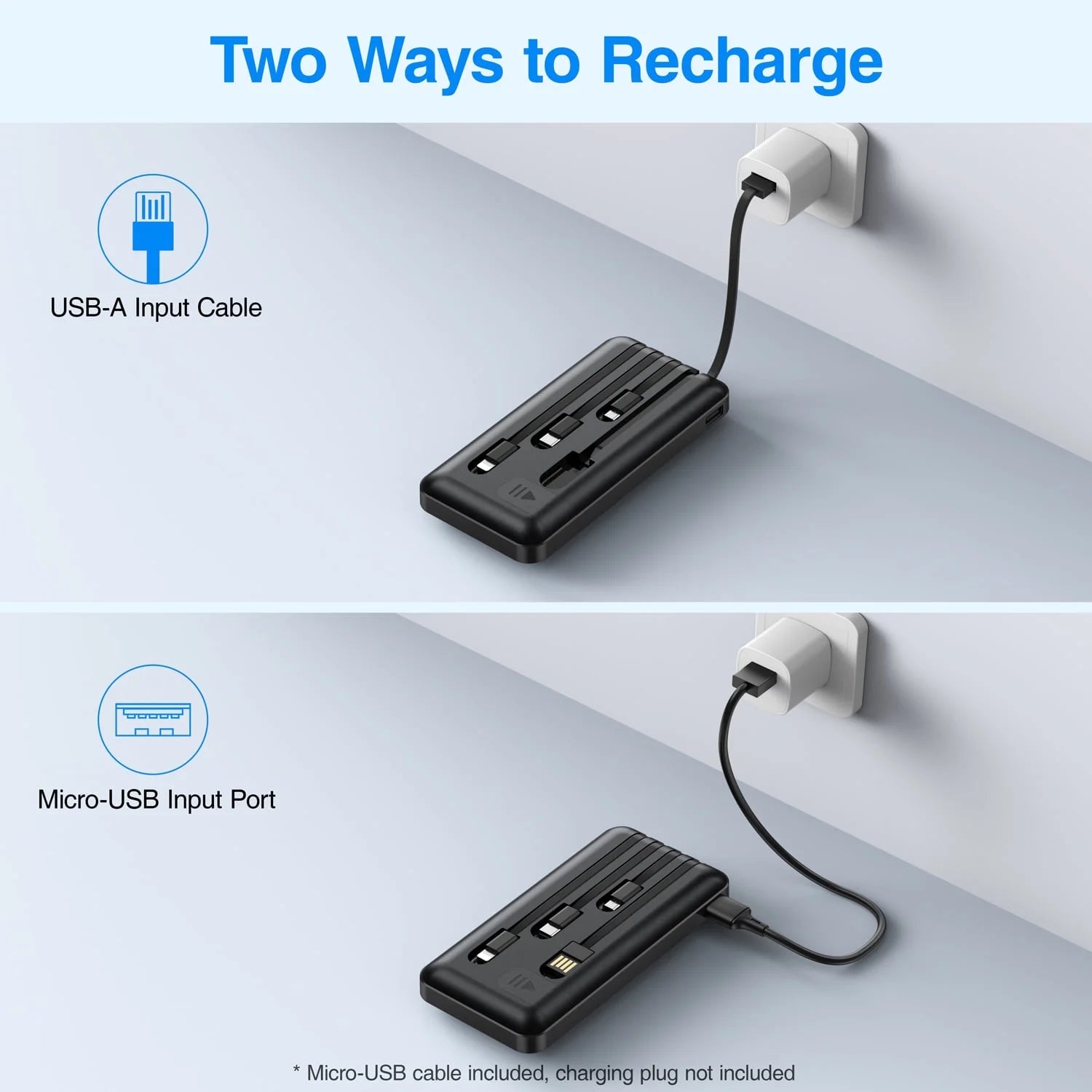 20000mAh Portable Power Bank with Cables for iPhone and Android Devices