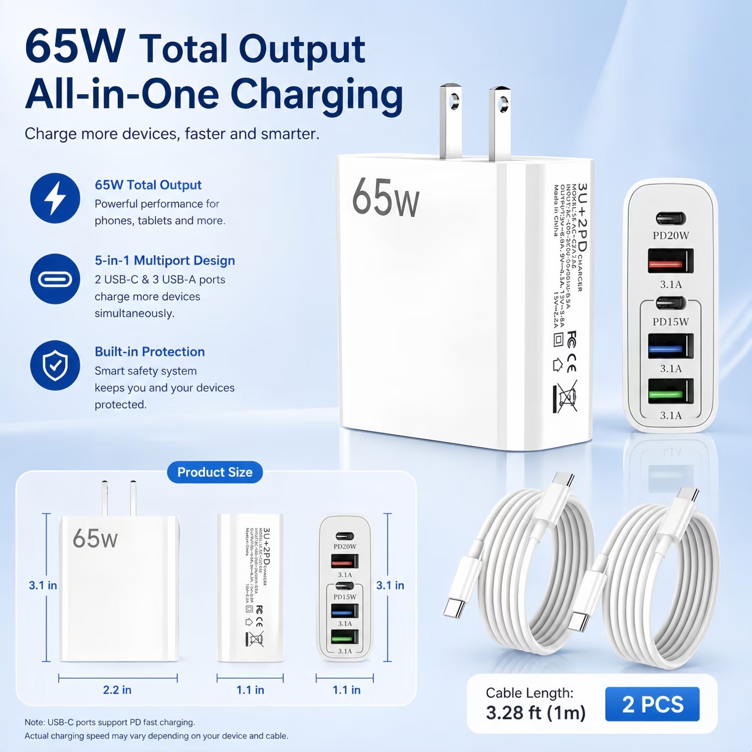 USB-C Fast Charging Wall Charger Set with Cables - 4-Pack (2 Chargers + 2 USB-C Cables), Compatible with Phones and Tablets, White