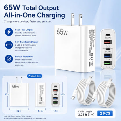 USB-C Fast Charging Wall Charger Set with Cables - 4-Pack (2 Chargers + 2 USB-C Cables), Compatible with Phones and Tablets, White