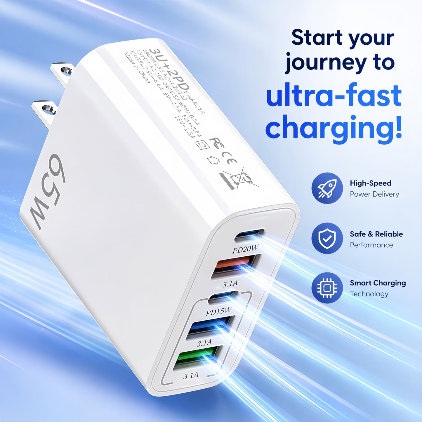 USB-C Fast Charging Wall Charger Set with Cables - 4-Pack (2 Chargers + 2 USB-C Cables), Compatible with Phones and Tablets, White