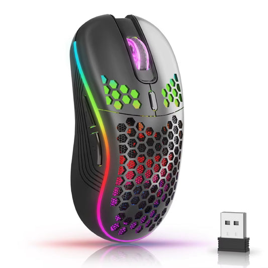 2.4GHz Wireless RGB Backlit Ergonomic Gaming Mouse with 6 Buttons, 3-Speed DPI, Type C Rechargeable, Honeycomb Design
