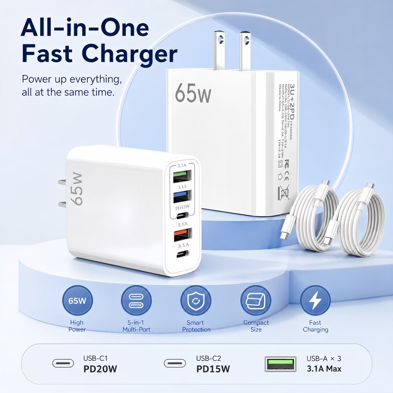 USB-C Fast Charging Wall Charger Set with Cables - 4-Pack (2 Chargers + 2 USB-C Cables), Compatible with Phones and Tablets, White