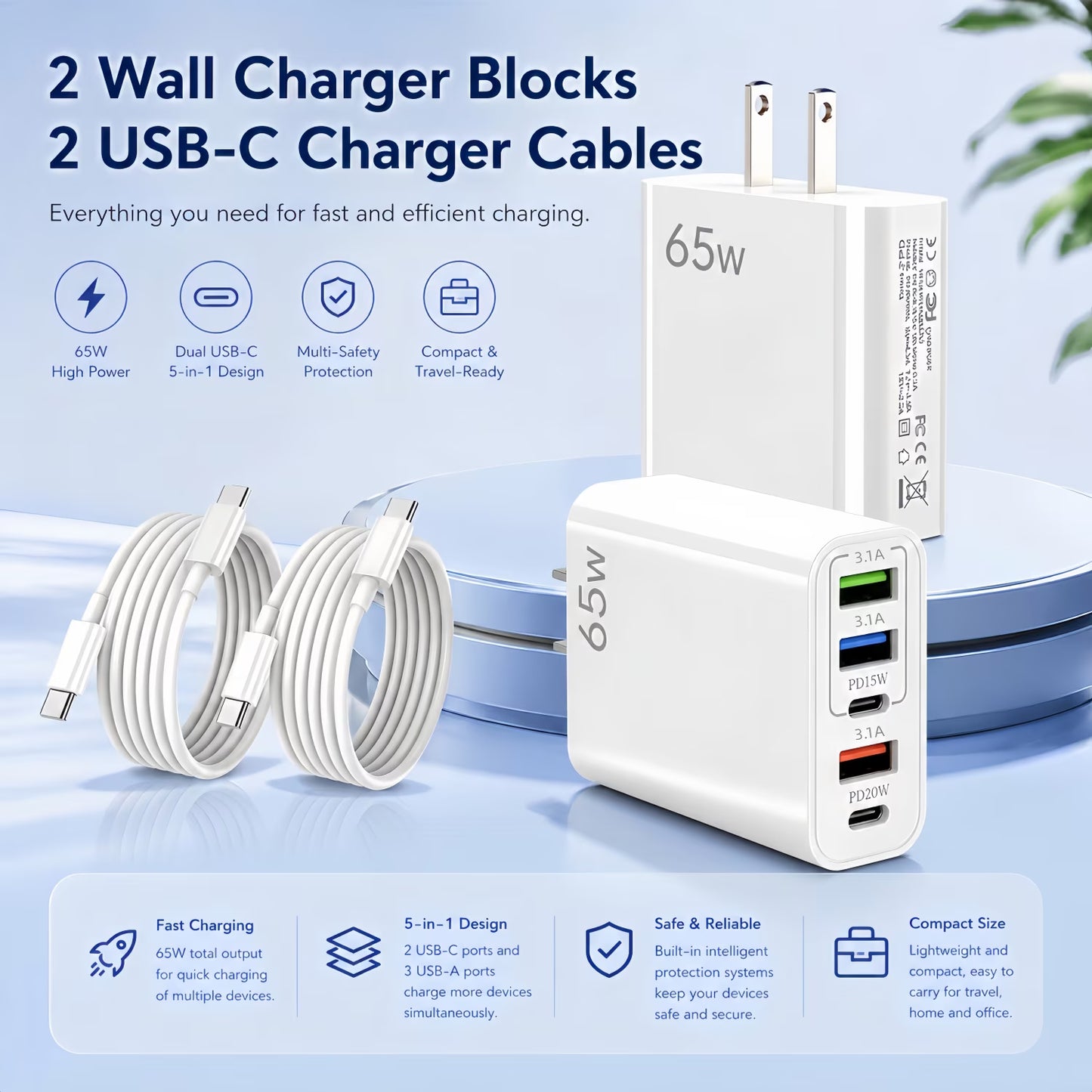 USB-C Fast Charging Wall Charger Set with Cables - 4-Pack (2 Chargers + 2 USB-C Cables), Compatible with Phones and Tablets, White