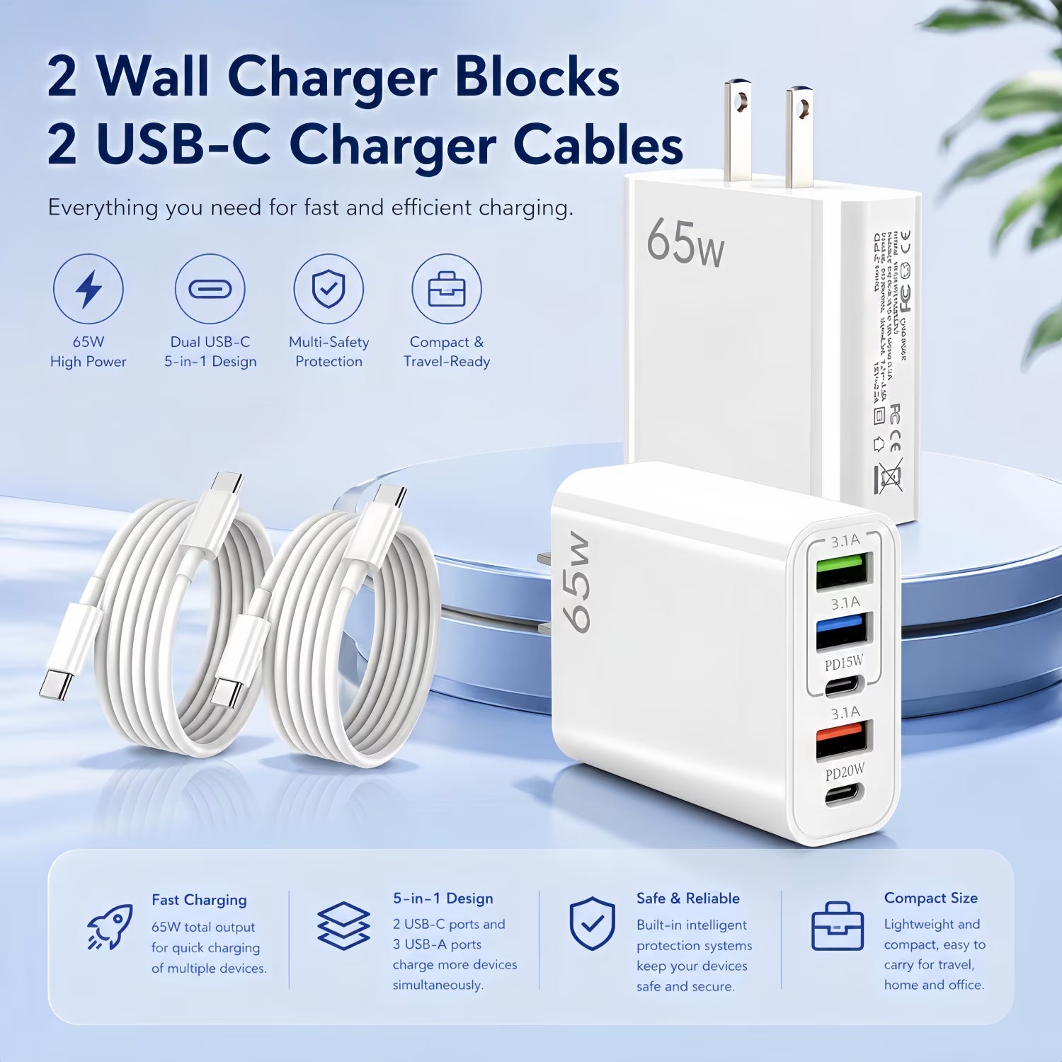 USB-C Fast Charging Wall Charger Set with Cables - 4-Pack (2 Chargers + 2 USB-C Cables), Compatible with Phones and Tablets, White