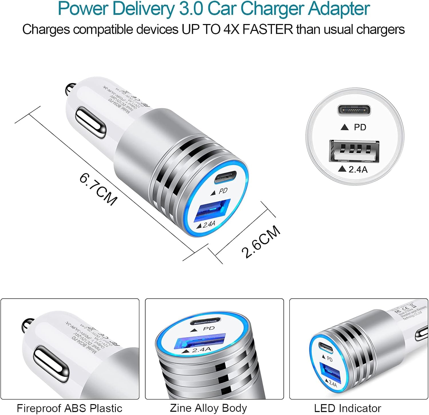 30W USB C Fast Charging Car Charger for Samsung Galaxy and iPhone Models