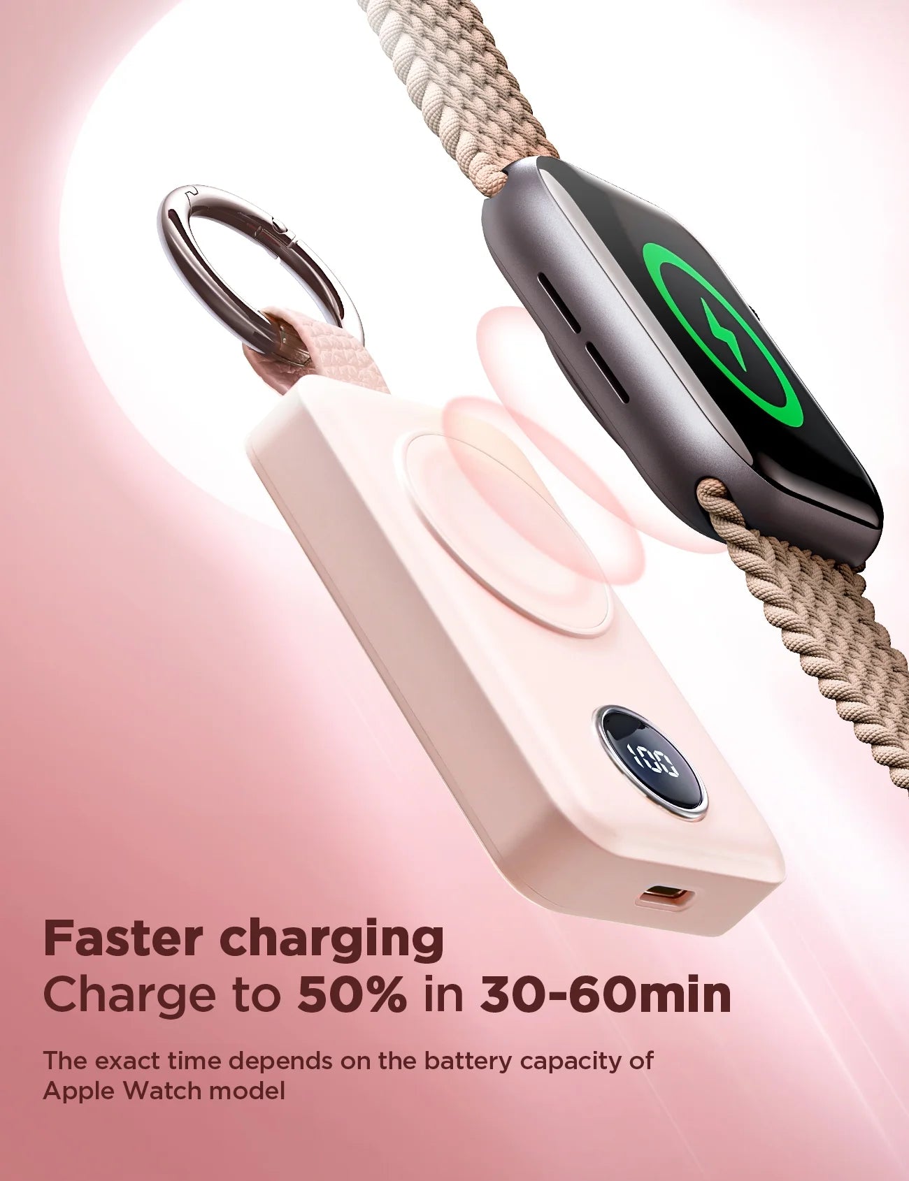 Portable 2000mAh Magnetic Wireless Power Bank for Apple Watch - Fast Charger Keychain, Compatible with iWatch Series 11/10/9/8/7/6/5/SE/4/3/2/Ultra, Pink