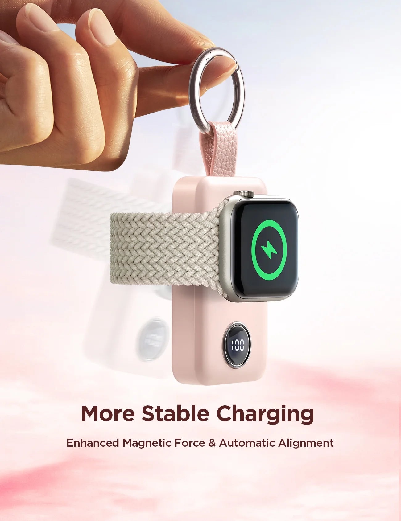 Portable 2000mAh Magnetic Wireless Power Bank for Apple Watch - Fast Charger Keychain, Compatible with iWatch Series 11/10/9/8/7/6/5/SE/4/3/2/Ultra, Pink