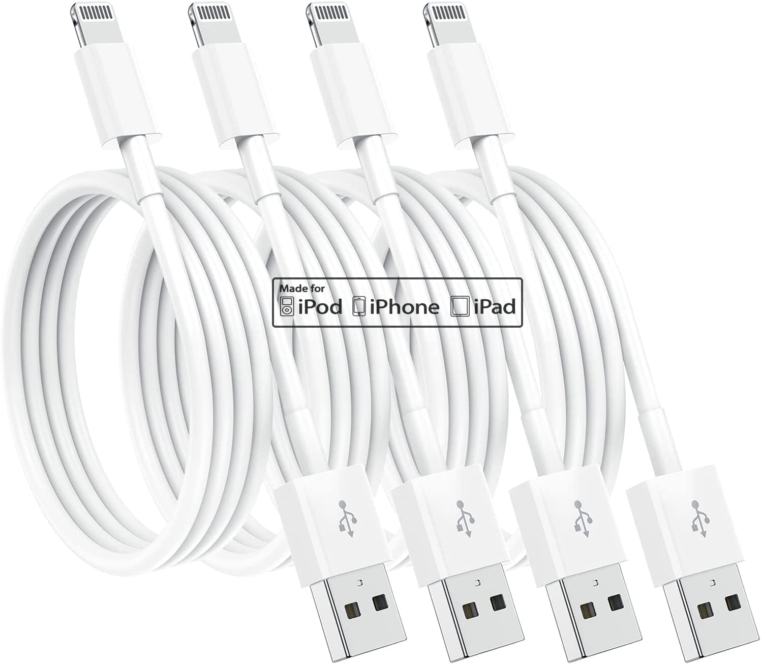 4-Pack Apple MFi Certified 3-Foot Lightning Charging Cables for iPhone 14/14 Pro/13/13 Pro/12/11/11 Pro/11 Max/X/XS/XR/XS Max/8 and iPad (White)