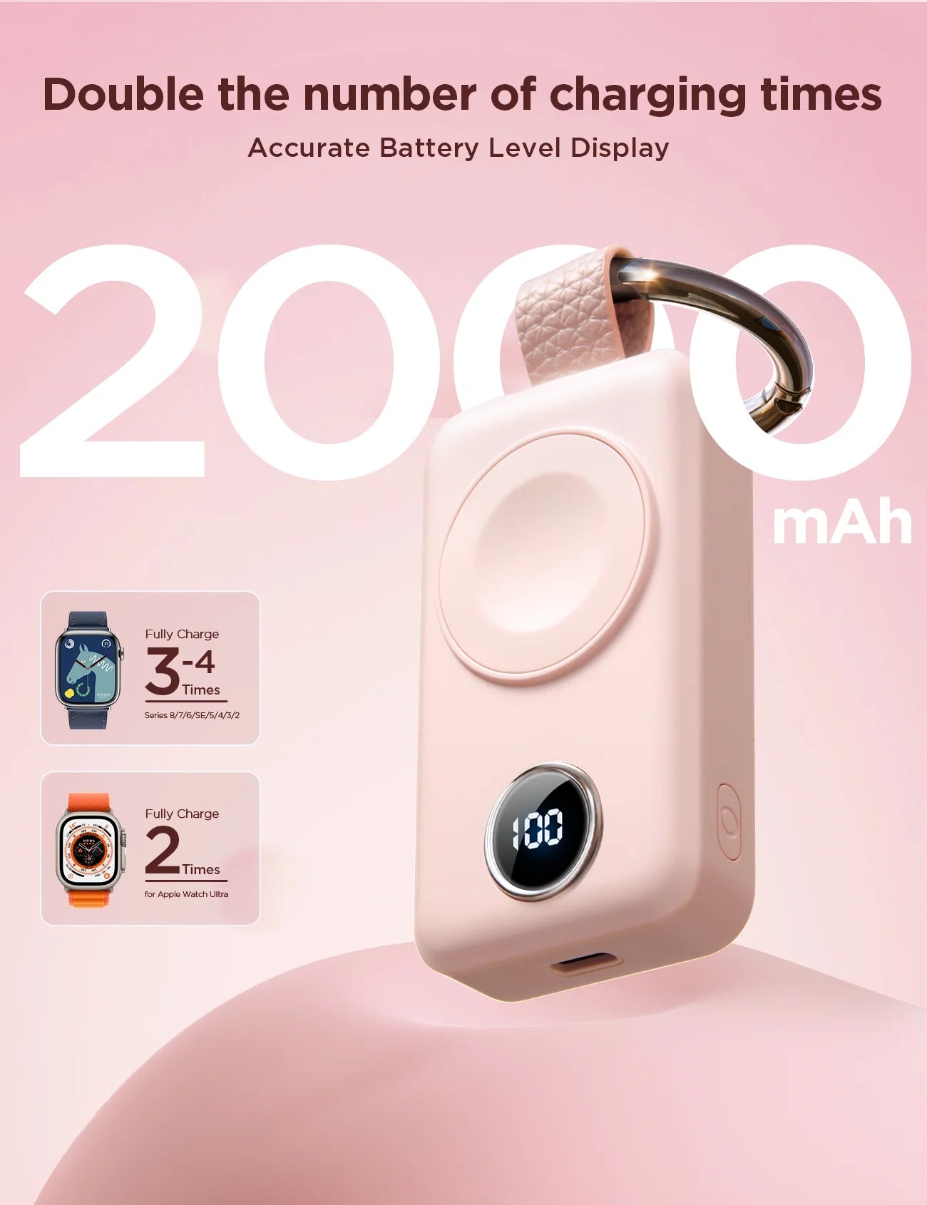 Portable 2000mAh Magnetic Wireless Power Bank for Apple Watch - Fast Charger Keychain, Compatible with iWatch Series 11/10/9/8/7/6/5/SE/4/3/2/Ultra, Pink
