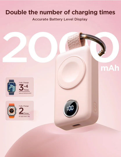 Portable 2000mAh Magnetic Wireless Power Bank for Apple Watch - Fast Charger Keychain, Compatible with iWatch Series 11/10/9/8/7/6/5/SE/4/3/2/Ultra, Pink